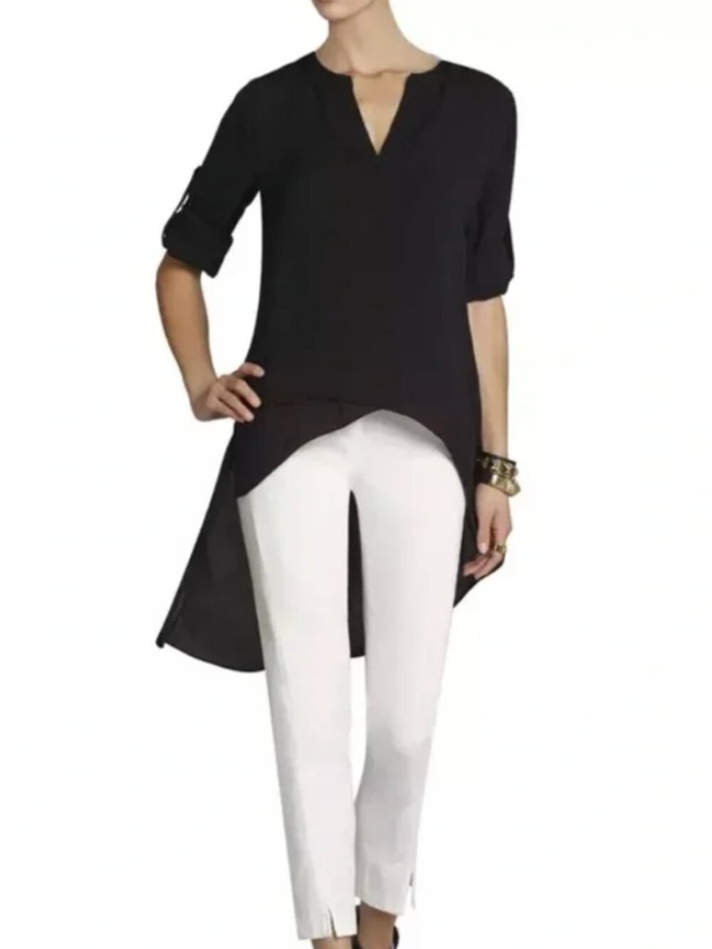 BCBGMaxAzria Black Long-Sleeve‎ V-Notch Blouse Mazie Blouse Women's Size XS